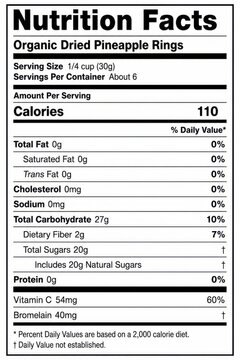 nutrition facts label image organic dried pineapple rings he