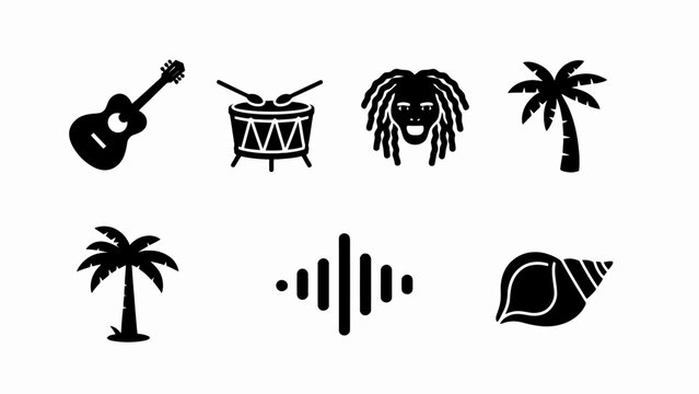 Reggae Music Icons: Guitar, Drum, Rasta Face, Palm Trees, Seashell, Sound Wave