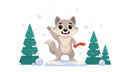 Cute cartoon husky dog skiing downhill on snowy mountain with christmas trees Vector © MSTHALIMA