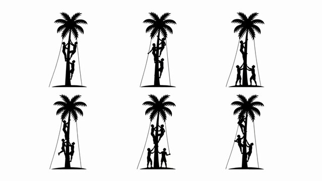 Teamwork Climbing Palm Tree Silhouette Set: Cooperation, Effort, Assistance