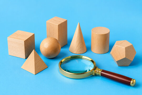 Wooden geometric shapes arranged on blue background with magnifying glass for math analysis.