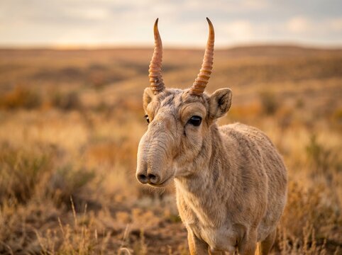 Close-Up Saiga Antelope Portrait with Large Nose Detail on Dry Steppe Background, Warm Tones, and Copy Space

