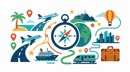 Fototapeta premium A colorful illustration of various travel-related icons and symbols (1)