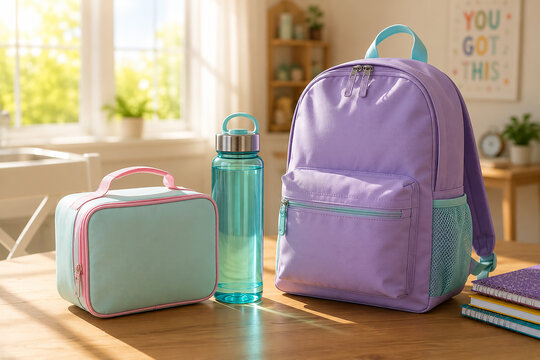 Pastel school bag, lunch box, and water bottle on wooden table in sunny room.