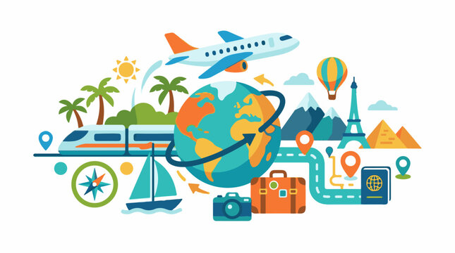 Global travel collage with plane train sailboat and landmarks