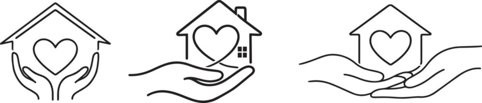 Modern homeless shelter charity icon with supportive hand, heart and home for community care themes