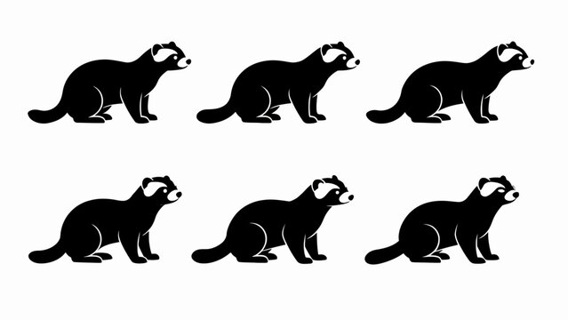 Six Black Ferrets with White Faces on White Background, Seamless Pattern
