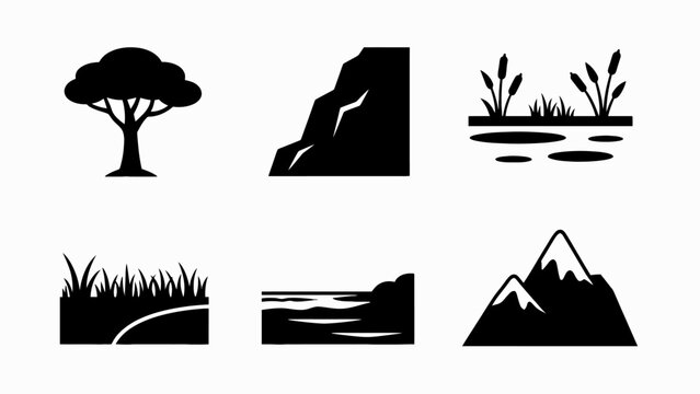 Nature Landscape Icons Silhouette Set: Tree, Cliff, Marsh, Grass, Coast, Mountains