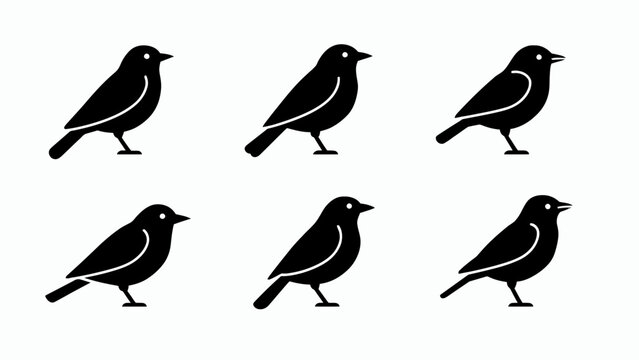Six black bird silhouettes, isolated on a white background, simple flat design