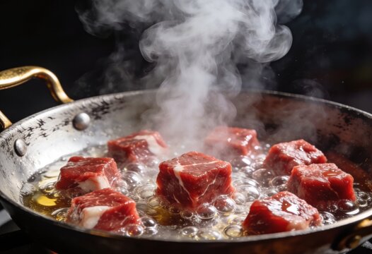 Sizzling chunks of beef cooking in a hot pan with steam rising