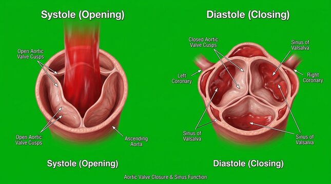 Detailed anatomical illustration of aortic valve cusps opening and closing in cross-section view