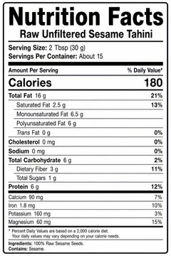nutrition facts label image with sesame tahini nutrition fac