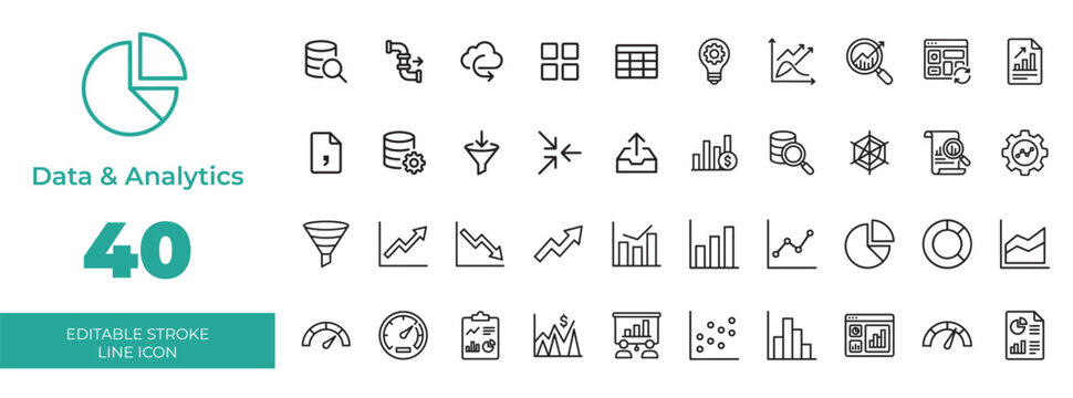 Data and analytics line icon set of 40 business statistics and charts