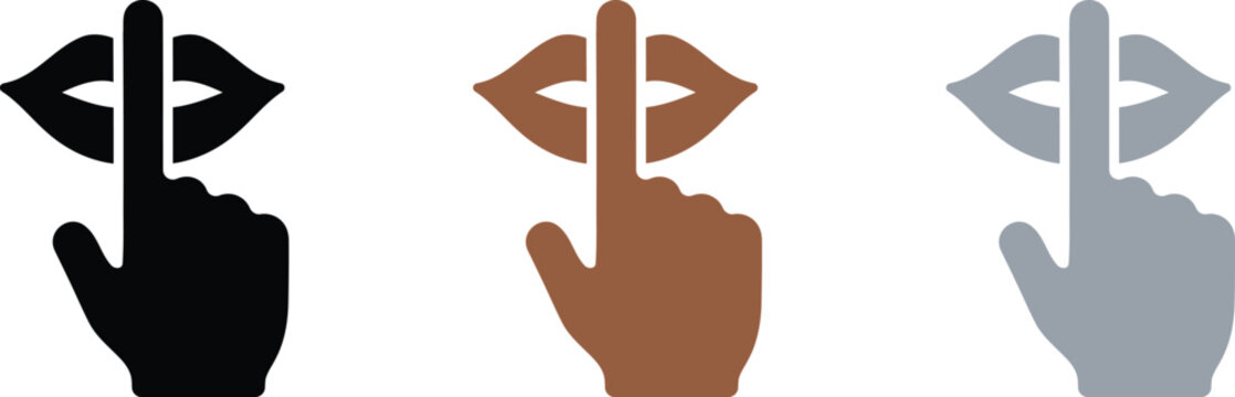Silence gesture icons with a finger over lips showing a shush sign in black, brown and grey colors for communication and quiet concepts