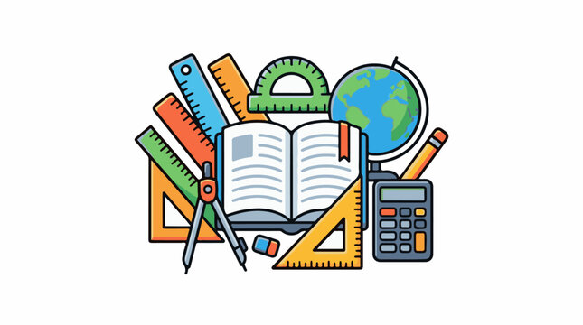 Geometric tools open book globe and calculator for learning