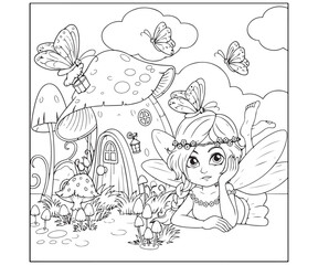 Fototapeta premium Cute Little Fairy with Butterflies by a Mushroom House Coloring Page - Fantasy Forest Scene Line Art Outline