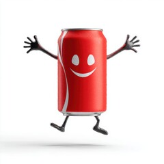 Obraz premium Cheerful Cartoon Red Soda Can Character Jumping with Happy Smile and Open Arms Isolated on White Background