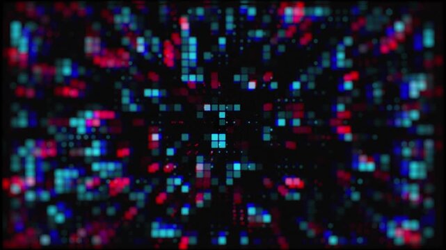 Modern abstract neon pixel animation with vibrant cyan, blue, and magenta lights forming a dynamic digital tunnel. Ideal as a high-tech background for AI