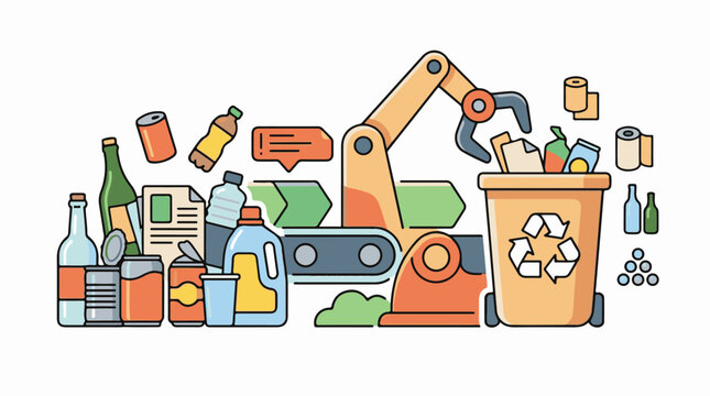 Robotic arm sorts recyclables placing items into a bin with a recycle symbol
