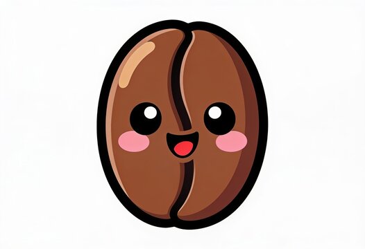 Cute cartoon coffee bean with smiling face and rosy cheeks on white background