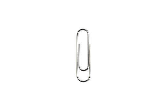Single metallic paper clip isolated on transparent background