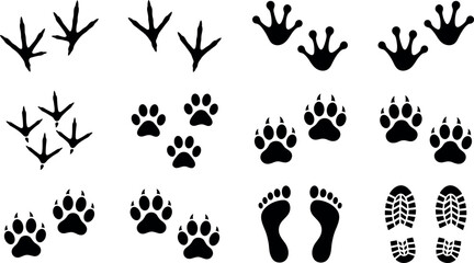 Animal tracks silhouette collection featuring bird paw human footprint and boot print isolated on transparent background vector © fajle Rabbi!