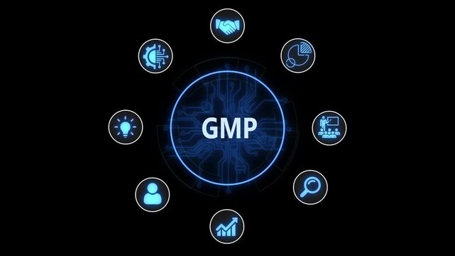 Gmp good manufacturing practice concept with digital and circuit board background, control compliance