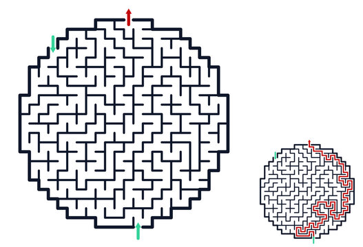 Circular labyrinth maze puzzle illustration in black and red representing logic game on white background with copy space