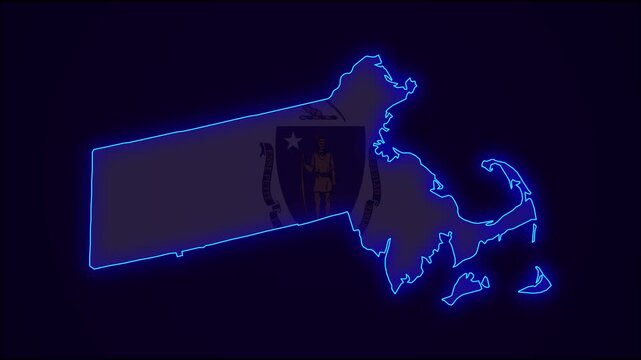 Massachusetts State Map Outline Country Border on dark blue baground. Neon Blue Lights colorful animation transition. Flag of Massachusetts.  United States. Animation in neon style. Animated Video