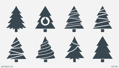 Obraz premium Minimalist pine trees silhouette set with abstract geometric patterns for winter and forest designs