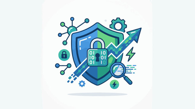 Digital security shield with padlock upward arrow and binary code