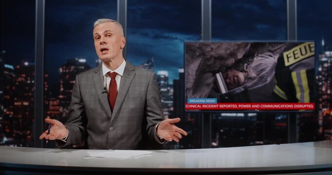 Male News Anchor Hosts Emergency News Update in Broadcast Studio While Live Report From Attack Site Plays. Rescue Personnel Search For Survivors Under Destroyed Structures, Assist Injured Civilians.