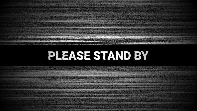 Please stand by screen showing grainy black and white analog television static noise. Suitable for telecommunication, television, technology, retro design, and broadcasting concepts.
