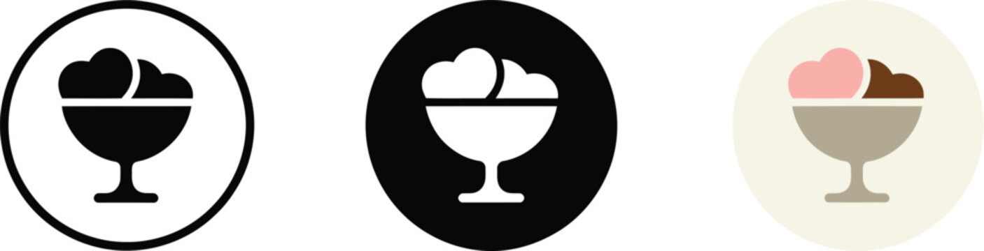 Ice cream sundae icons, dessert symbols in different styles for caf&eacute;s, restaurants, menus, food branding, and sweet treats.
