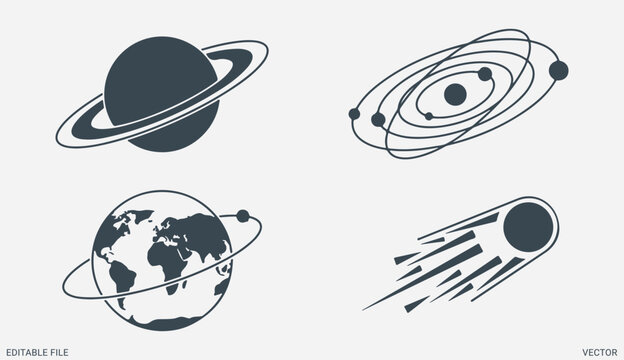Space planets vector illustration set including saturn solar system earth globe and flying meteor