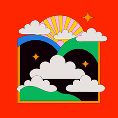 Naklejka premium Colorful illustration of sunny landscape with clouds and rainbow