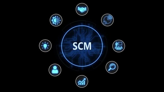 Scm supply chain management concept with digital network and circuit board animation logistics business