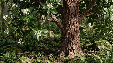 Fototapeta premium A close-up view of a vibrant cinchona bark tree featuring lush green leaves and small white flowers growing in a dense, mossy, and ancient forest habitat