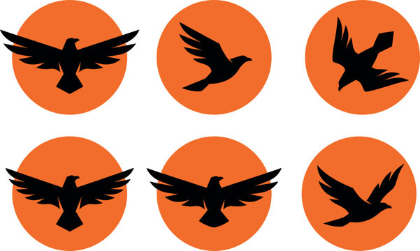 Flying black bird silhouettes inside orange circle sun icons set isolated on transparent background vector design