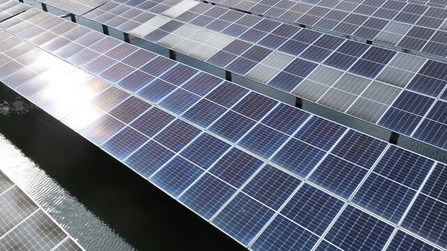 Aerial view of fishery-solar complementary photovoltaic power station on water