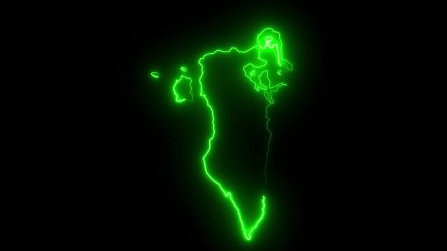 map of Bahrain with a green glowing neon effect on black background.
