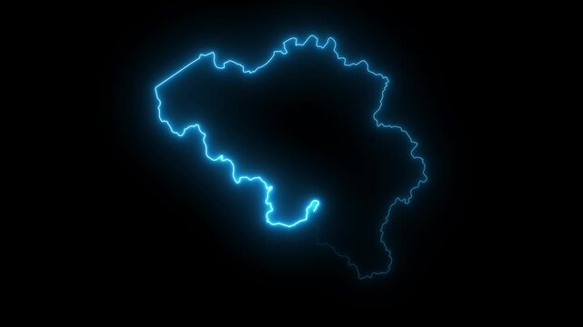 map of Belgium with a cyan glowing neon effect on black background.