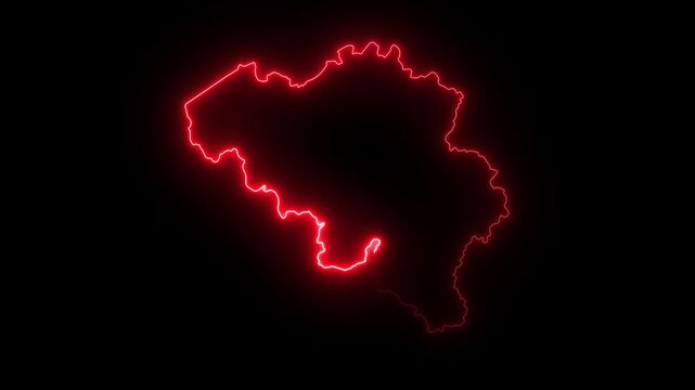map of Belgium with a red  glowing neon effect on black background.
