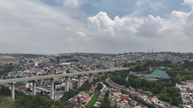 Drone Descends Toward Elevated Highway Overlooking Sprawling Atizap&aacute;n Cityscape, Estado de M&eacute;xico