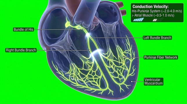 Detailed 3D medical illustration of heart conduction system with labeled electrical pathways and nodes
