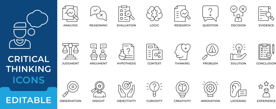 Critical Thinking Logic Reasoning Analysis Icon Set editable vectors for problem solving decision making evaluation and research