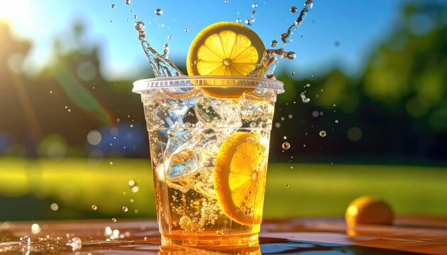 Iced tea with lemon slice splash in sunlit park.