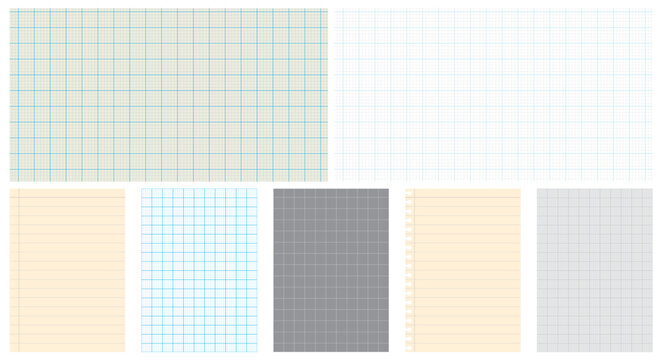 Millimeter graph paper set with notebook lined sheet blueprint technical grid and engineering math pad collection school study background isolated.