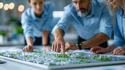 Fototapeta premium Faceless diverse team of urban planners and engineers collaborating around large touchscreen displaying 3D city model, collaborative urban design concept, smart city photography,