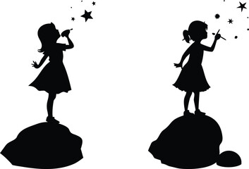 Little girls silhouettes blowing star dust and painting stars in night sky isolated on transparent background art set.
